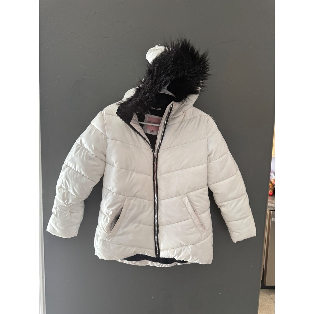 Juicy Couture Kids White Puffer Jacket Faux Fur Hood Size M 10/12